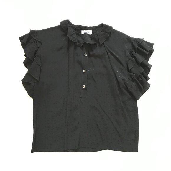 KOCH Popover Ruffle Blouse Top Shirt Womens XS Black Short Sleeve Button Front - Picture 1 of 11